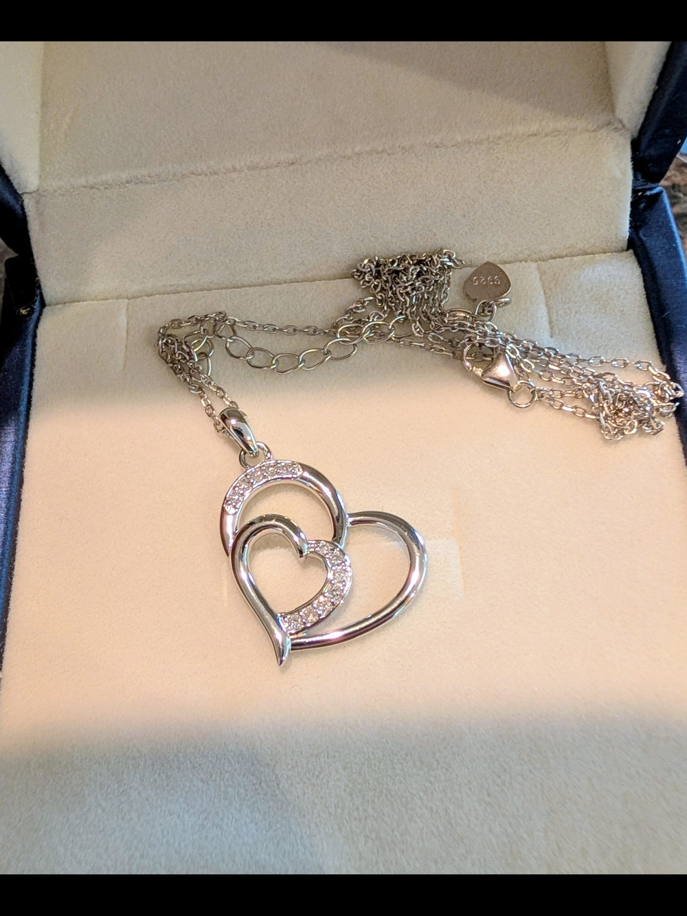925 Sterling Silver Double Heart Pendant Necklace with Round Cut Diamonds